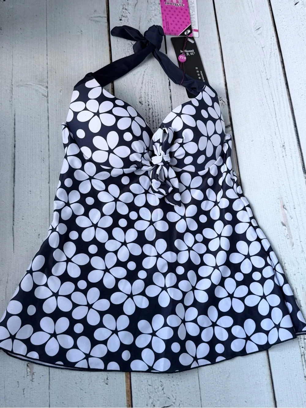 NWT AoManni Navy White Daisy Halter Swim Dress Tankini - TOP ONLY